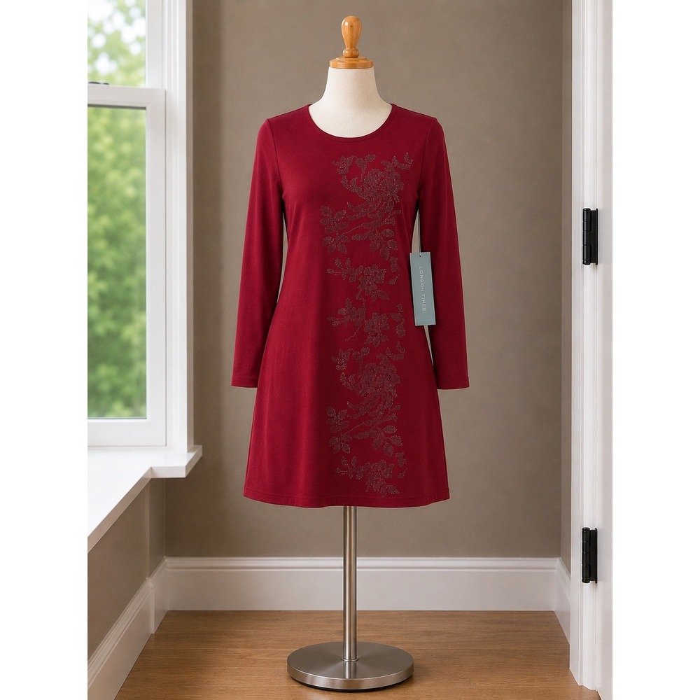 London Times Deep Red Rhinestone Floral Knit A-Line Dress Long Sleeve Large NEW